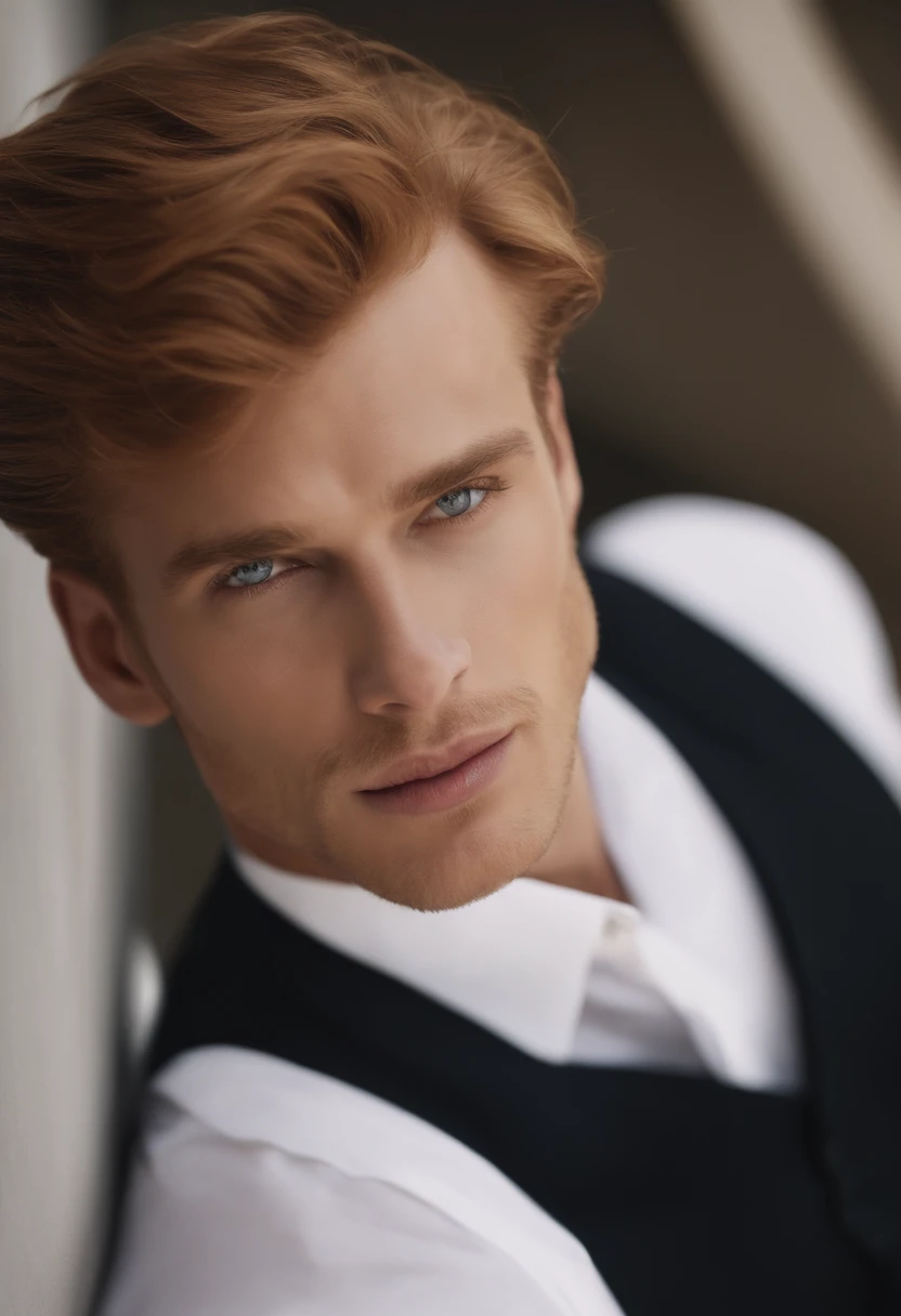 a white man with a ginger mullet, gray eyes, defined jawline, defined chin, defined cheekbones, smooth face, close set gray double eyelid upturned eyes, arched eyebrows, small masculine lips, tall narrow nose, round long wide face, wearing an open white sh...