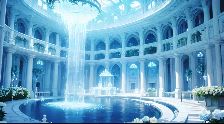 Blue and white tones,Ultra-translucent,Super transparent,Crystal Book House,Great waterways,pools of water,flowingwater,waterfallr,libraryai,Covered with fantastic white rose vines,Lots of detail,hyper qualit,shock,Magnificent,Momentum