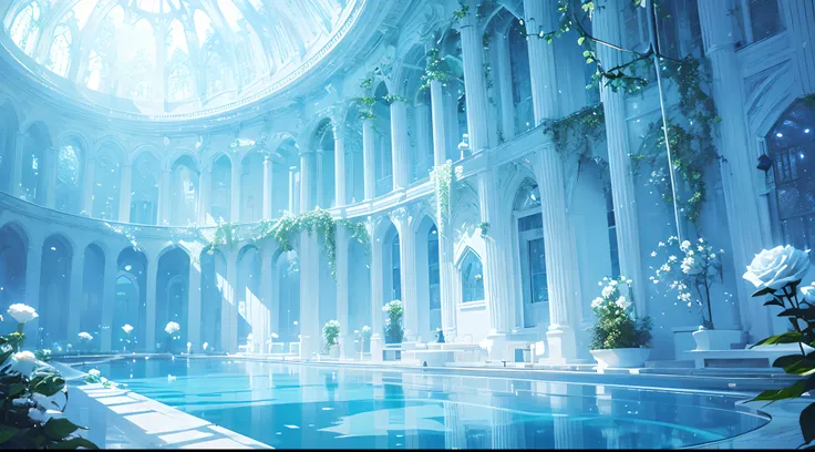 Blue and white tones,Ultra-translucent,Super transparent,Crystal Book House,Great waterways,pools of water,flowingwater,waterfallr,libraryai,Covered with fantastic white rose vines,Lots of detail,hyper qualit,shock,Magnificent,Momentum