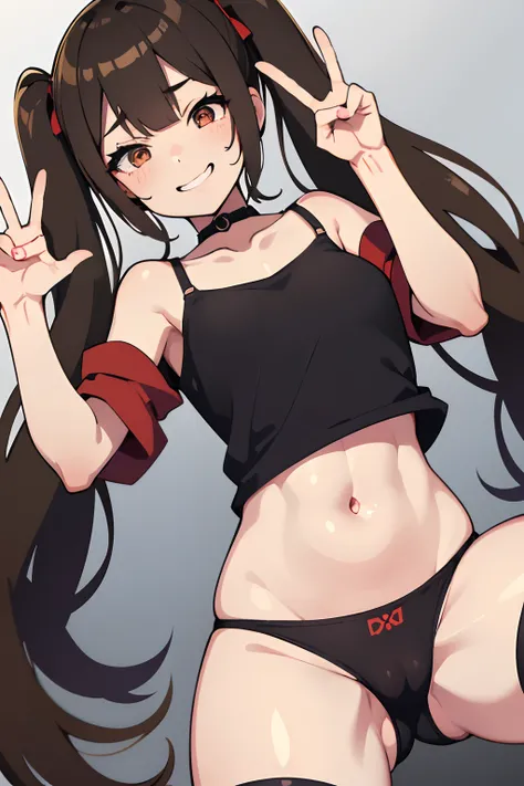 girl, Young, long high twintail hair, Brown eyes, brown hair, pale skin, anime, collarbone, choker, sweat, smiling, red iris, double peace sign, thighs, navel, cameltoe, embarassed face, naked, sex