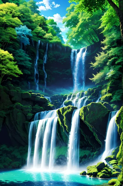 A spectular marvelous magical waterfall, blue sky, green trees, 8K, masterpiece, high resolution, high quality, HD wallpaper.