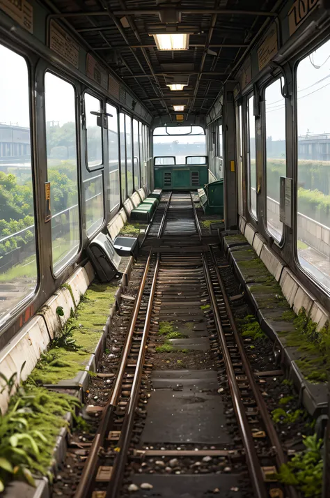 This image depicts an abandoned and moss-covered train submerged in still, murky waters at a desolate train station. The trains rusty, dilapidated state exudes an air of mystery, while the presence of a solitary bird perched on its roof accentuates the ove...