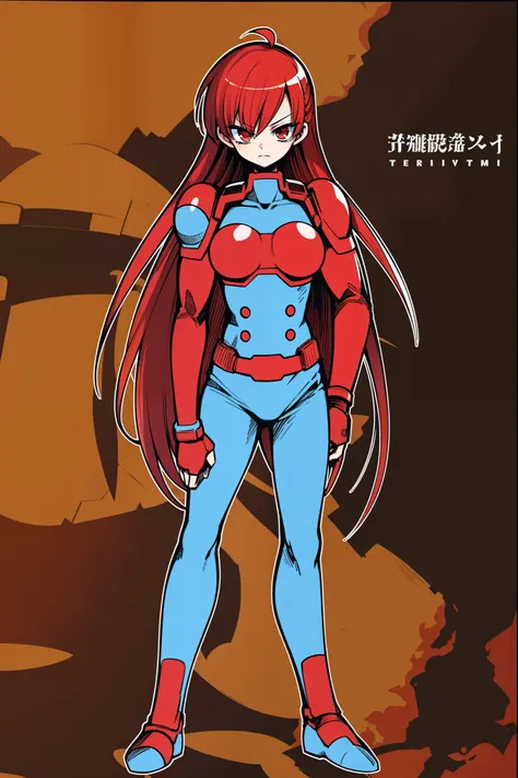 * female ,, red hair,sentai armor, superhero, metal hero, standing, solo focus, living hair, long hair