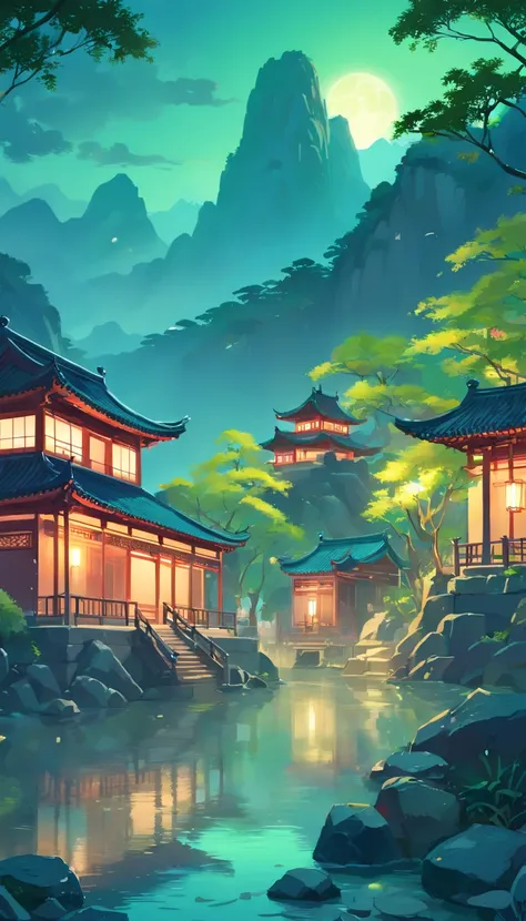 tmasterpiece, Mejor calidad, Estilo de artes marciales chinas, Asian night view with lanterns and water lilies, The Asian lagoon has plenty of lanterns and boats at night，Hay muchas luces y barcos en el agua, Superficie del lago, Lotos, Hermosa escena noct...