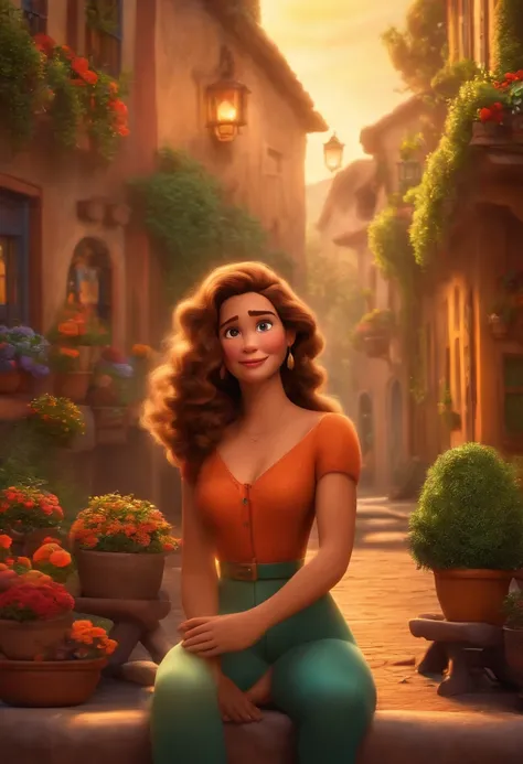 Um filme inspirado na Disney Pixar (mulher brasileira de 40 anos, cabelos longos e castanhos, olhos cor de mel) dentro A cena estar na arte distinta do estilo PIXAR, descolada e estilosa