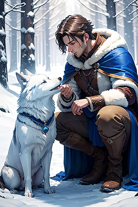 a male druid with short brown hair with blue and white cloak petting a white wolf in a snow forest