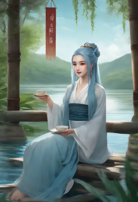 Masterpiece, Best Quality, Official Art, 8k Wallpaper, Very Detailed, Illustration, 1 Girl, Sky Blue Hair, Long Hair, Detailed Eyes, Forrest Gump, Bare Shoulders, Hanfu, Lake, Pure, Soft Smile, bamboo, tea