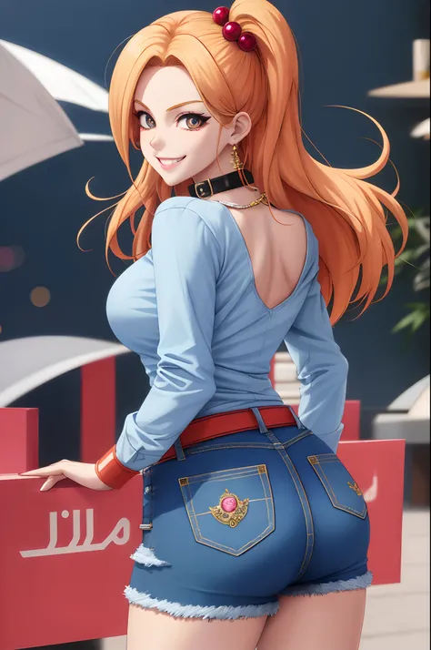 Anime coloring, 1girl, solamente, sentada, En cuclillas, piernas abiertas, Looking back, ASS, Foto_Focus, (naughty face, sonrisa seductora:1.05), Android18_DBZ, jewely, collar, camisa, Pendientes, collar de perlas, Guantes, beltt, denim