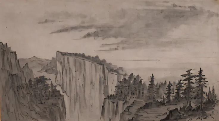 landscape, deciduous forests, cliffs, charcoal sketch, very detailed and delicate