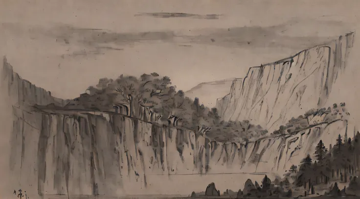 landscape, deciduous forests, cliffs, charcoal sketch, very detailed and delicate