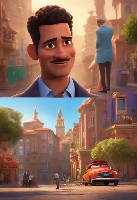 A city councilman looking at a dream project inspired by Pixar animation, de perto. The character takes center stage with captivating facial expressions, oferecendo um toque de irrealidade