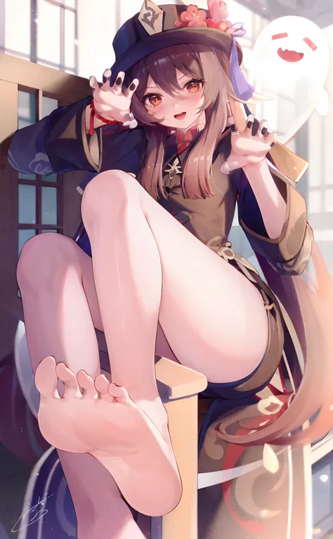 Anime girl wearing hat,Sit barefoot in a chair, the anime girl is crouching, beautiful anime girl crouching, at pixiv, Highest rated on Pisif, Pisif, from girls frontline, Pisif 3DCG, seductive anime girls, trending on cgstation, flirty anime witch casting...