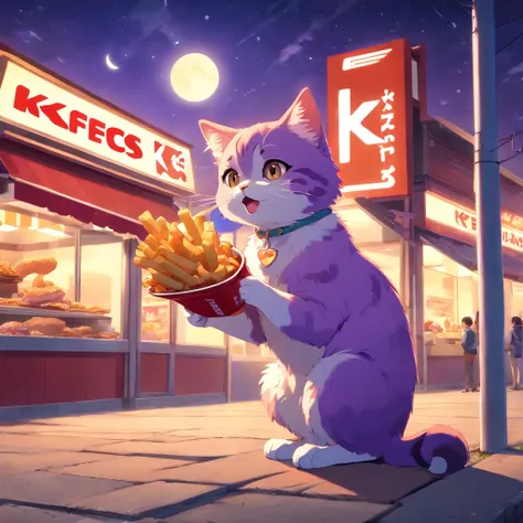 An exquisite CG illustration shows a cute cat with big eyes enjoying crispy fried chicken and fries in front of a KFC under a full moon. The cat is wearing a purple outfit.