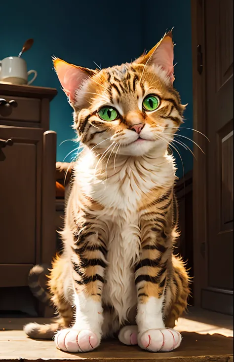 Image Pixar cat Milo black brown tabby coat and yellow green eyes