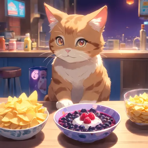 An exquisite CG illustration shows a cute cat with big eyes enjoying acai bowl and chips in front of an acai cia, sob uma lua cheia. The cat is wearing a purple outfit.