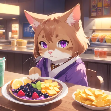 An exquisite CG illustration shows a cute cat with big eyes enjoying acai bowl and chips in front of an acai cia, sob uma lua cheia. The cat is wearing a purple outfit.