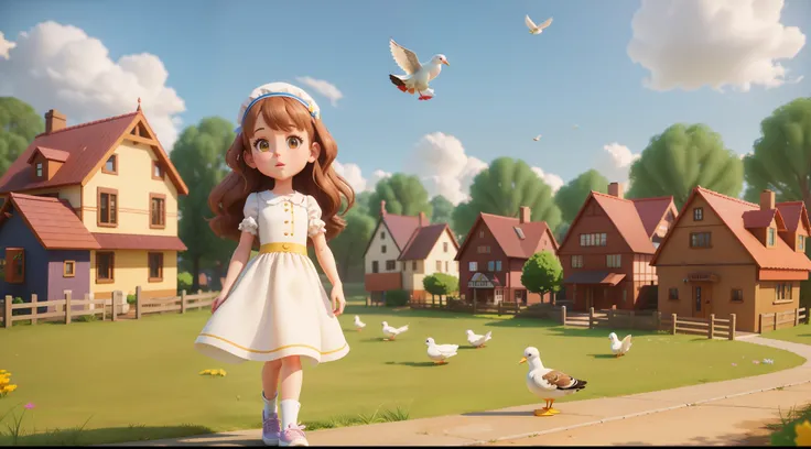 Cartoon girl in white dress standing on a path with ducks and houses in the background, render de uma menina anime 3d bonito, stylized as a 3d rendering, official illustration, 3d rendering stylized, arte oficial, bonito 3 d render, 3 d render arte oficial...