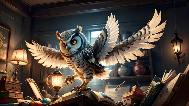 Aggressive owl with open wings over knowledge lamp.