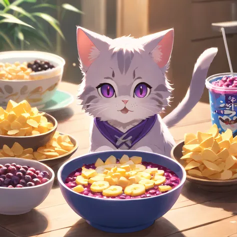 An exquisite CG illustration shows a cute cat with big eyes enjoying acai bowl and chips in front of an acai cia, sob uma lua cheia. The cat is wearing a purple outfit.