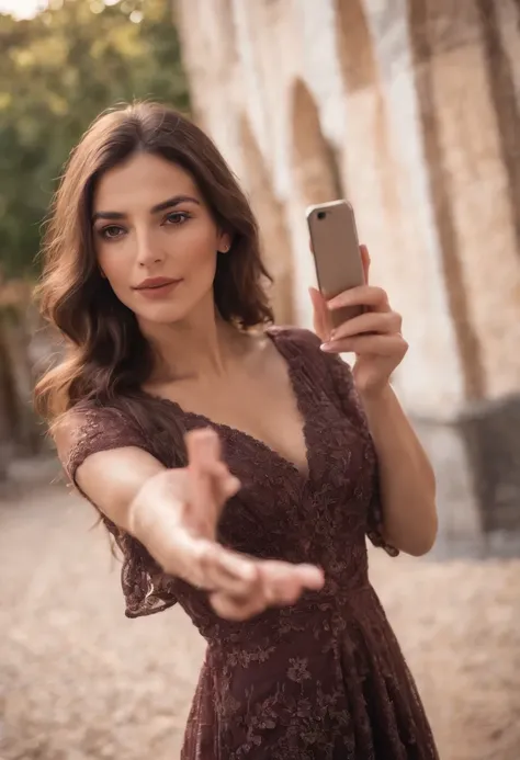 Maximum realistic style brunette spanish woman in long dress taking a selfie