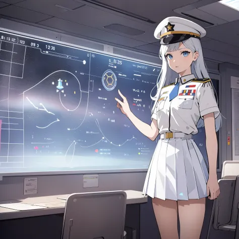 superflat, flat shading, flat colors, (masterpiece:1.2, best quality), (closeup), 1girl, teen girl, white space cadet uniform, military hat, short pleated skirt, serious, standing by holographic board displaying math graphs, classroom, spaceship interiors,...