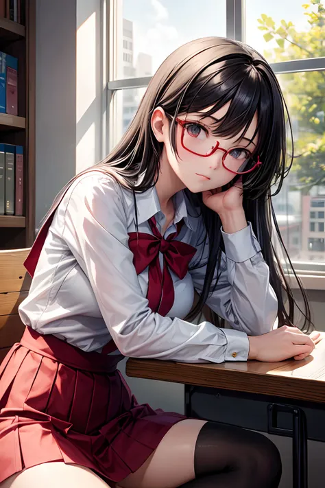 masterpiece, best_quality, 1girl, solo, black hair, sexy school uniform, red eyewear on head, sitting by the window