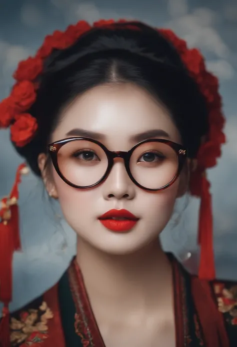 The face is that of a Chinese girl wearing round glasses with black frames