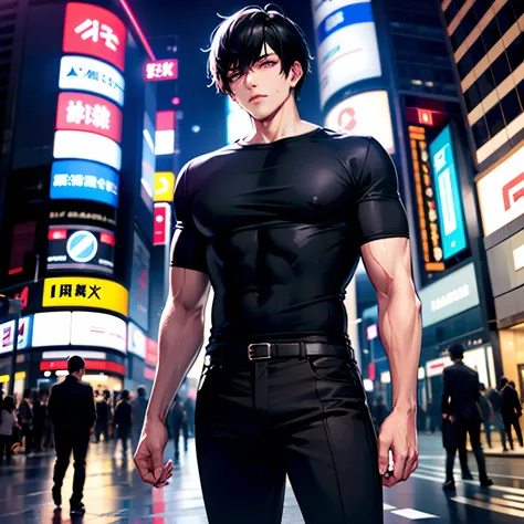 1man, muscular, wearing tight black t-shirt, wearing black dress pants, wearing black dress shoes, black hair, purple eyes, glowing eyes, standing on shibuya crossing at night, black hair, spiky hair, short hair