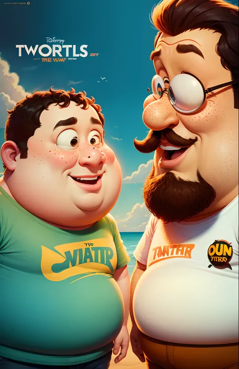 Pixar-style poster: two, two friends, one fat, with a beard, glasses and one eye smaller than the other, with tan skin and the other is white with freckles