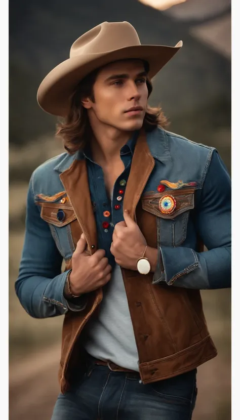 a brown-haired young man with a cowboy hat, wearing a denim jacket adorned with colorful buttons, an ultra-realistic photo