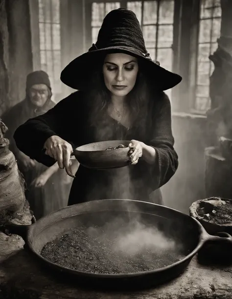 Em uma noite de lua cheia, in a room lit only by the soft silvery light shining through a tall, narrow window, A powerful witch stands before a cast-iron cauldron. She wears a long, dark robe adorned with mystical symbols, And on the top of your head, ela ...