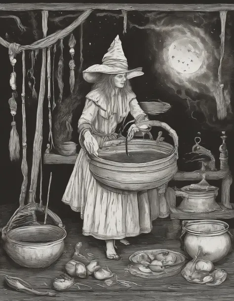 Em uma noite de lua cheia, in a room lit only by the soft silvery light shining through a tall, narrow window, A powerful witch stands before a cast-iron cauldron. She wears a long, dark robe adorned with mystical symbols, And on the top of your head, ela ...