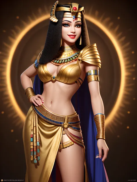 Cleopatra wore an elaborate Egyptian royal kilt in a colorful and sophisticated gown. She stands coquettishly in front of the pyramid. Front-facing 8K ultra-detailed 3D depth-of-field with Ancient Egypt theme. Background Fine Texture OC Rendering Ultra HD ...