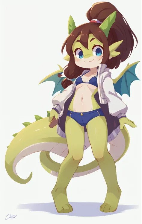 Draconic girl, young, brown hair, spiky hair, long dreadlocks ponytail, anime style, medium breasts, blue eyes, White jacket, open clothes, blue bikini, green draconic wings, high quality, detailed body, detailed eyes, detailed face, masterpiece, glistenin...