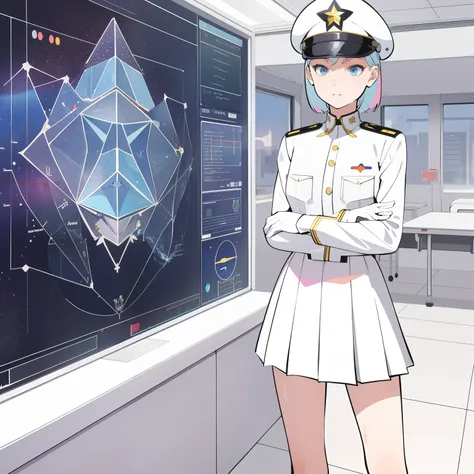 superflat, flat shading, flat colors, (masterpiece:1.2, best quality), (closeup), 1girl, teen girl, white space cadet uniform, military hat, short pleated skirt, serious, standing by holographic board displaying math shapes, classroom, spaceship interiors,...