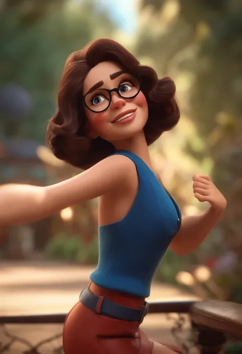 Pixar style image with 3D character glasses blue brunette woman hair c short dancing, Maquiagem Disney,Pescador, bonitinho, sorridente ,Close-up, Pixar, Disney, Cinema lighting,