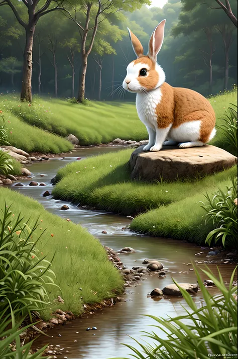 a very wise rabbit in the forest near a stream hiper -realistic style, Pixar, Disney Style