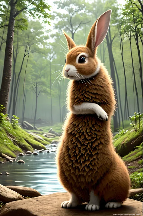 a very wise rabbit in the forest near a stream hiper -realistic style, Pixar, Disney Style