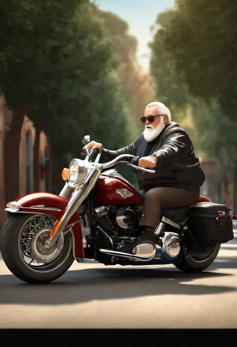 (best quality,3D rendering:1.2),Elderly man with black hair and beard with glasses riding a Harley Davidson Fat boy, Disney Pixar Style Poster, motocicleta, 3 d illustration, cores vibrantes, aventura, viagem, dynamic pose, arousal, Youthful spirit, veloci...