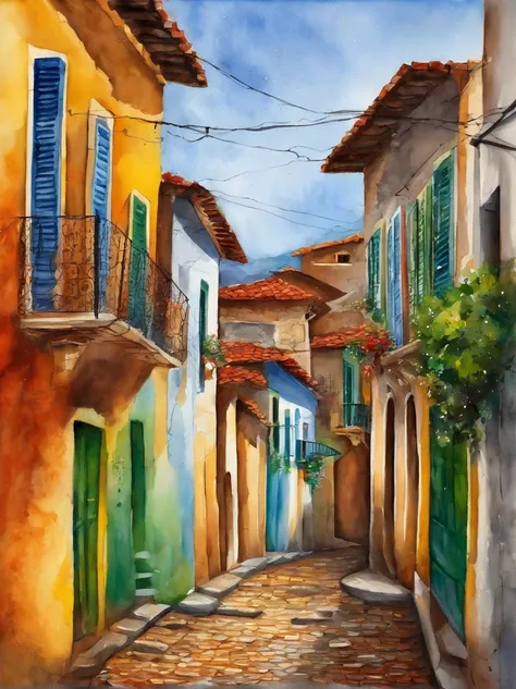 moderno, linhas de velocidade, ponto de fuga, UHD, obra prima, altos detalhes,Theres a Paraty-style street, Rio de Janeiro, Brazil, na movimentada cidade，The wires are sandwiched between the houses on either side，Stone bricks of different sizes are paved a...