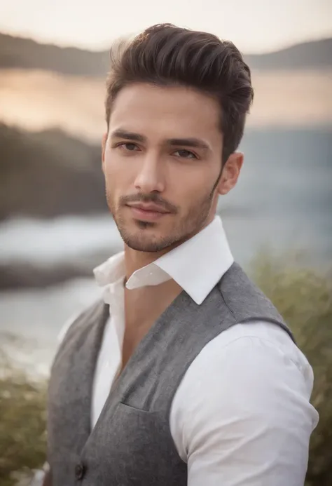 Portrait of a handsome man 30 years old cinematic looking oval face、Camisa blanca y chaqueta con cuello、Looking at the camera, hispanic, sonriente, alegre, cabello negro, Working as a Designer,sentado ,con computador