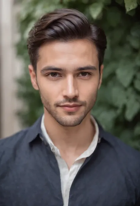 Portrait of a handsome man 30 years old cinematic looking oval face、Camisa blanca y chaqueta con cuello、Looking at the camera, hispanic, sonriente, alegre, cabello negro, Working as a Designer,sentado ,con computador