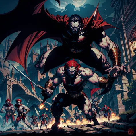 Castlevania lord of the shadows hyper realistic super detailed Dynamic shot master piece of evil moroccan Lord Dracula with red turban leading troops army of demons and djinns to battle sharp details