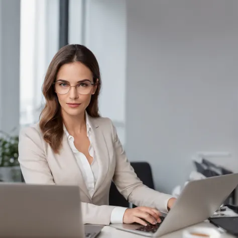 Beautiful and focused businesswoman typing on her laptop at a modern office desk, exudando confianza y profesionalismo.