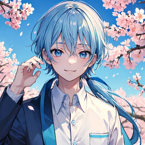 (masterpiece), best quality, expressive eyes, perfect face, blue eyes, light blue hair, boy, white shirt under dark blue Japanese school jacket , Sakura blossom tree background with blue sky , idol, lightly smiling,  young