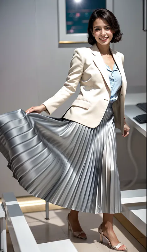 (shy:1,2) (smiling;1,1) woman playing with skirt, dancing, wearing short blazer and very very detailed (long (fully pleated) full circle skirt) and (simple) low heeled office shoes, very very intricate hyper-detailed symmetric (attractive graceful young fe...