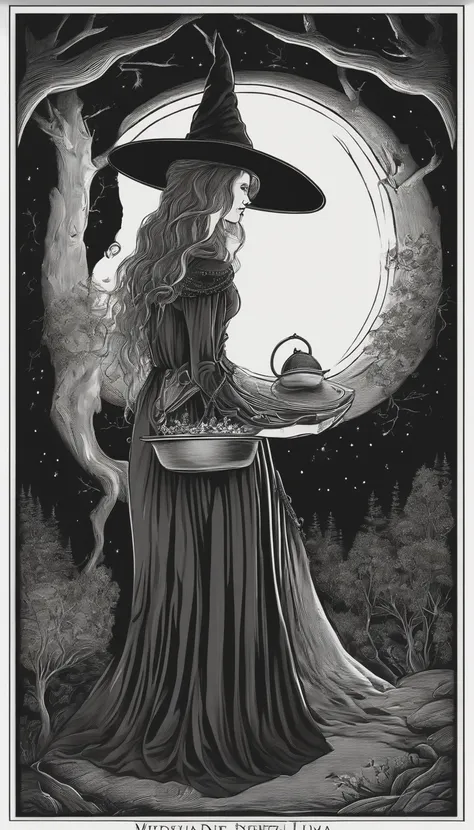 Em uma noite de lua cheia, in a room lit only by the soft silvery light shining through a tall, narrow window, A powerful witch stands before a cast-iron cauldron. She wears a long, dark robe adorned with mystical symbols, And on the top of your head, ela ...