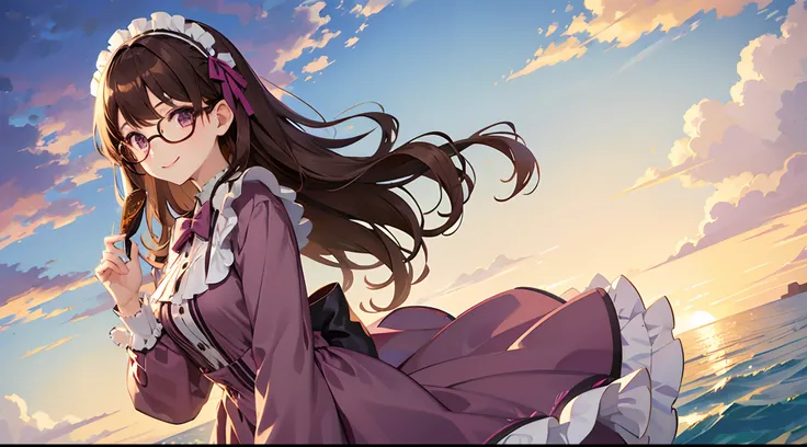 girl, solo, round glasses, brown hair, curly hair, medium hair, brown eyes, sky, wind, lolita dress, pastel colors, purple colors, smile, autumn