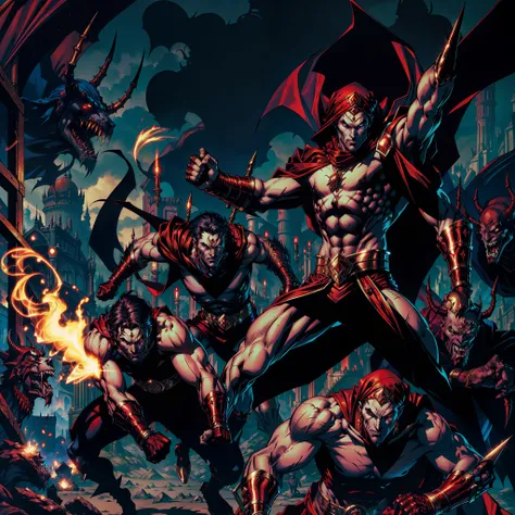 Castlevania Super Realistic Shadow Lord Super Detailed Dynamic Shooter masterpiece of the evil Moroccan lord Dracula with red turban leading troops armed with demons and djinns to fight sharp details