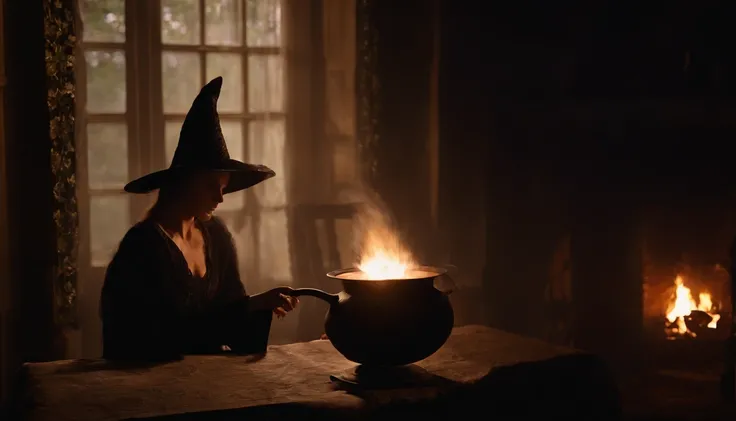 Em uma noite de lua cheia, in a room lit only by the soft silvery light shining through a tall, narrow window, A powerful witch stands before a cast-iron cauldron. She wears a long, dark robe adorned with mystical symbols, And on the top of your head, ela ...